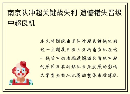 南京队冲超关键战失利 遗憾错失晋级中超良机